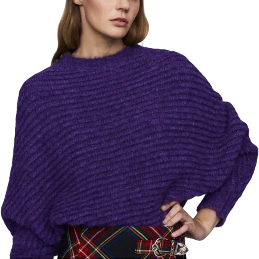Maje Mousse Mohair Alpaca Blend Purple Dolman Sleeve Ribbed Sweater 1 US SMALL